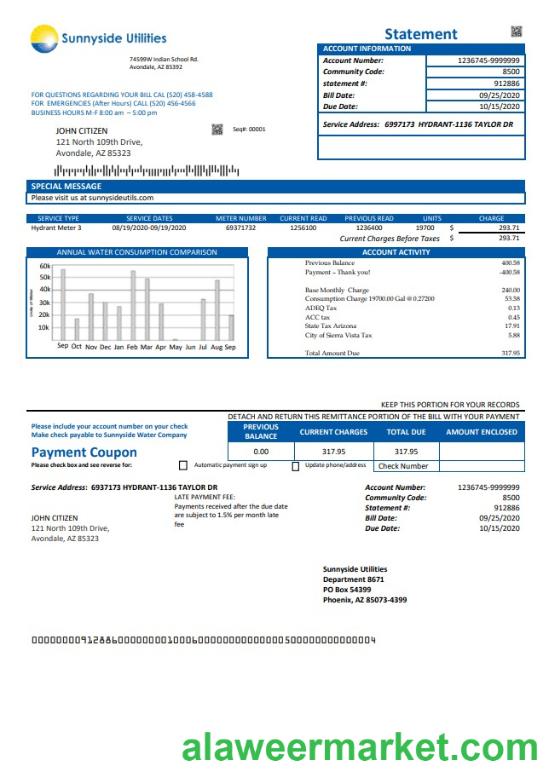 USA Washington Sunnyside Utilities water utility bill template in Word and PDF format